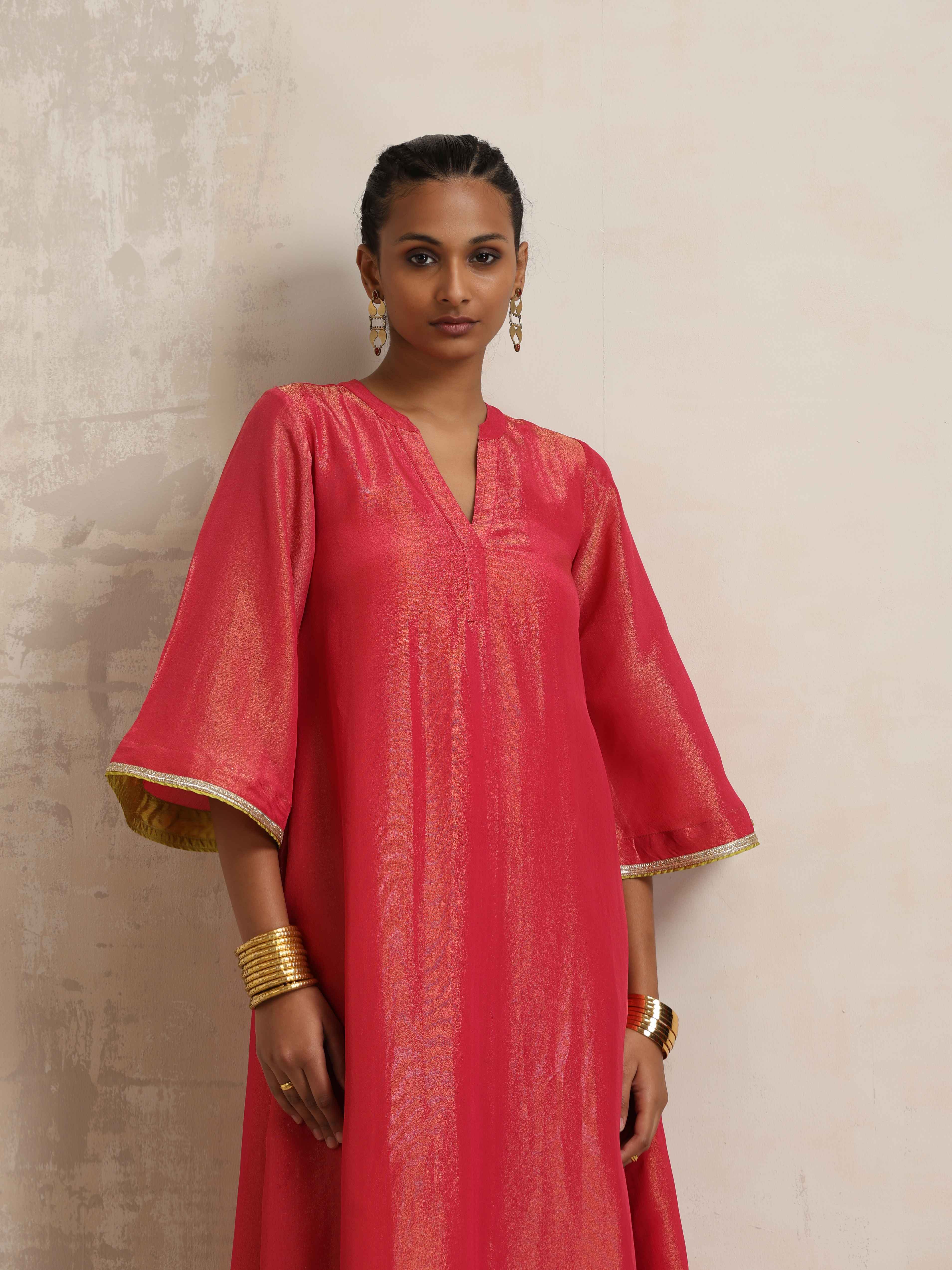 trueBrowns Hot Pink Tissue Flared Kurta Set - Distacart