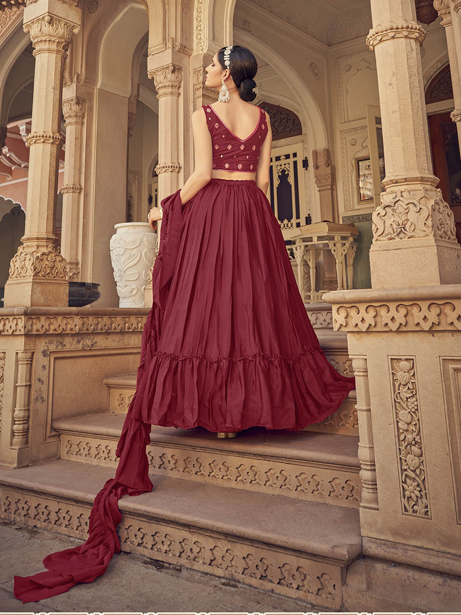 Myra Maroon Chinon & Art SIlk Embroidered Designer Lehenga Choli