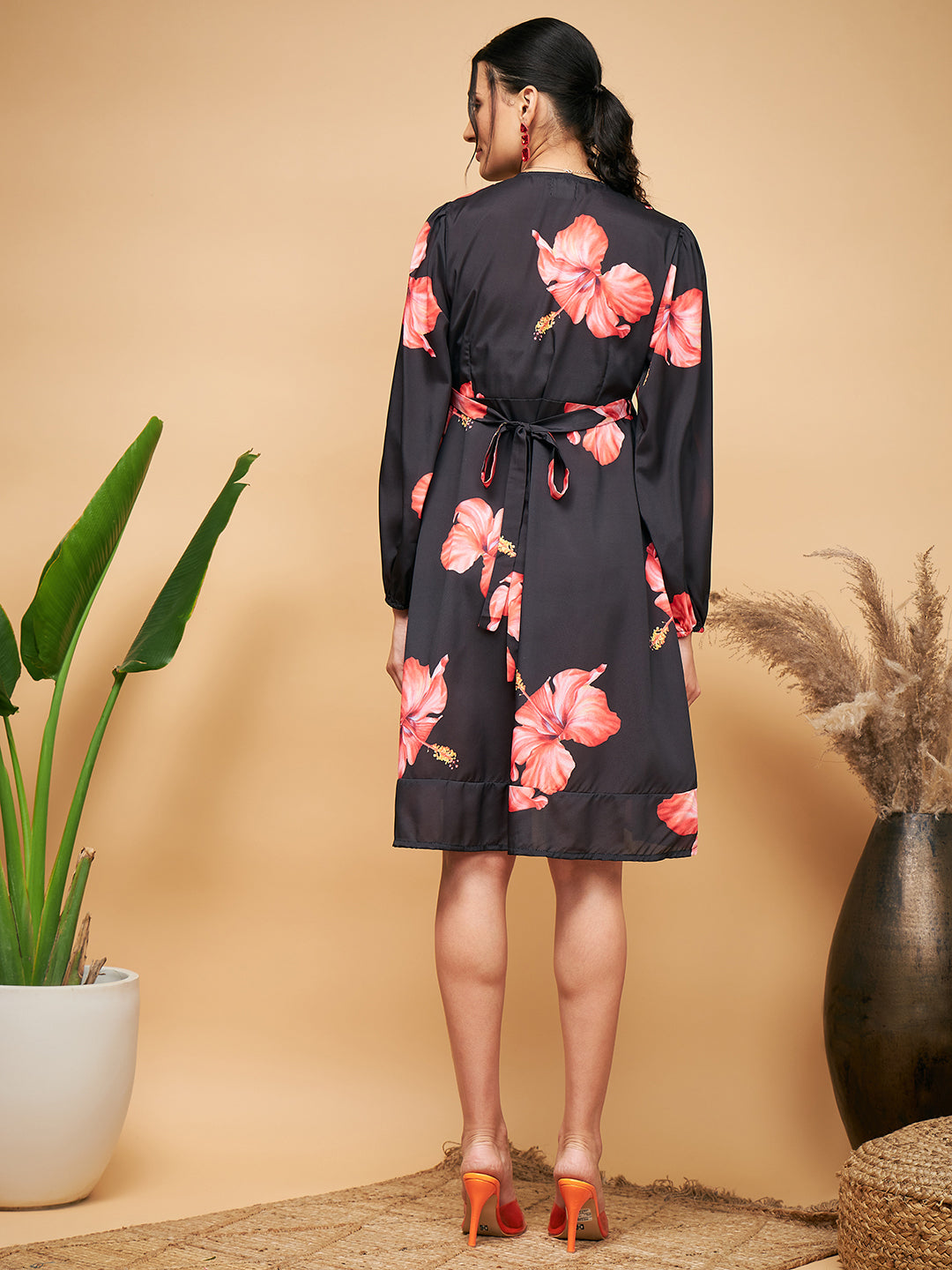 InWeave Women's Black Red Big Flower Belted Dress - Distacart