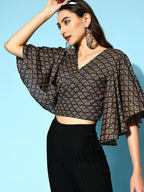 InWeave Women's Black Foil Print Bell Sleeves Top