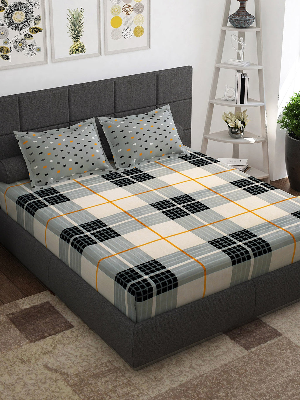 Story@home White & Grey Geometric Cotton 152 TC Queen Bedsheet With 2 Pillow Covers