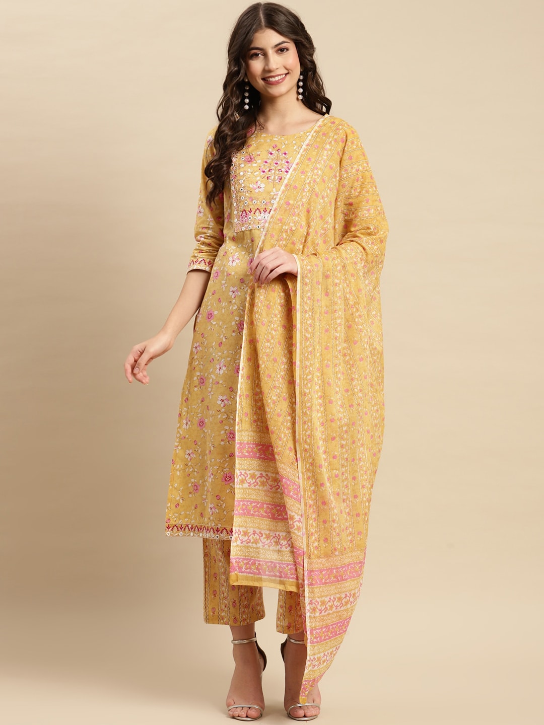 Sangria Yellow & Pink Floral Printed Pure-Cotton Straight Kurta With Trouser & Dupatta