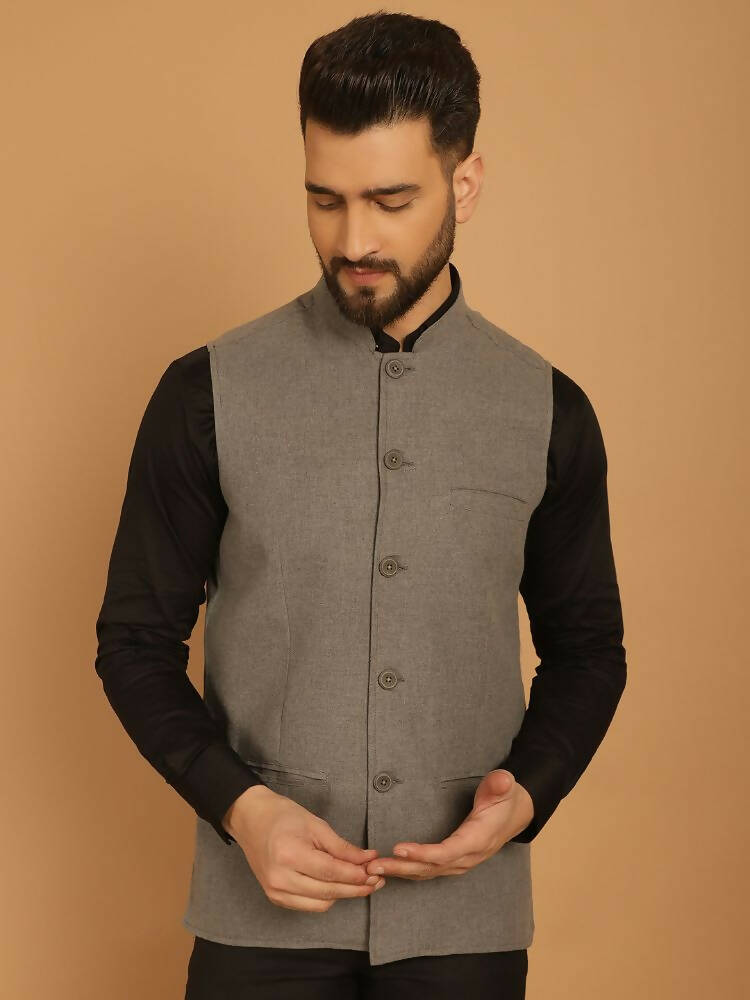 Even Apparels Nehru Jacket With Welt Pockets - Grey