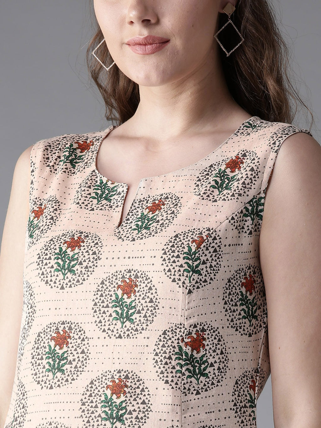 HERE&NOW Women Beige & Grey Printed Kurta with Palazzos
