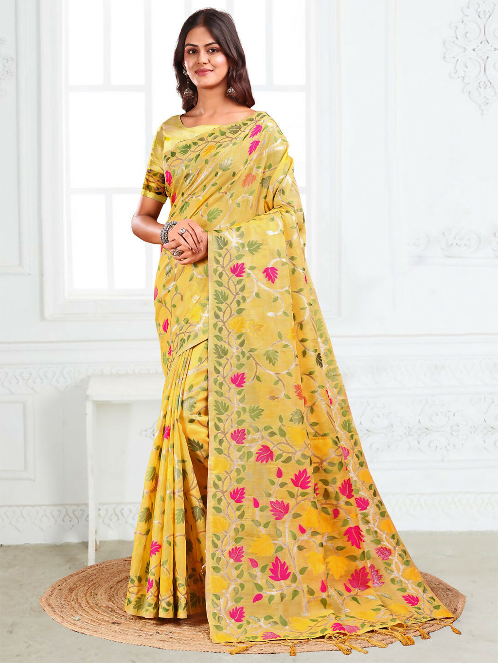 Shree Shyam Fashion Linen Cotton Yellow Saree - Distacart
