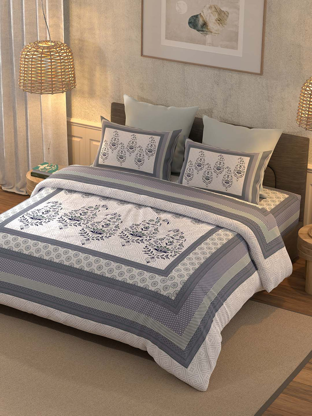 BELLA CASA Off White & Blue Ethnic Motifs 350 TC Cotton King Bedsheet with 2 Pillow Covers