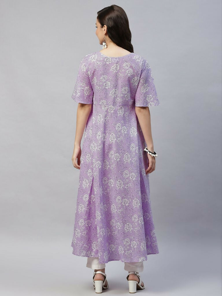 Miravan Women's Levender Floral Printed Anarkali Kurta