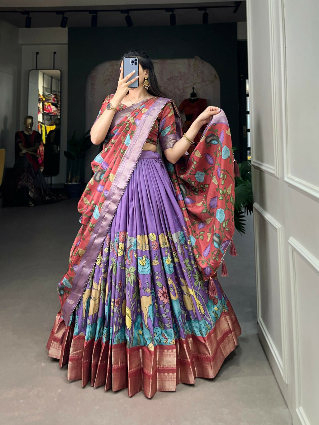Vastranavya Kalamkari Printed Dola Silk Lehenga Choli - Lavander