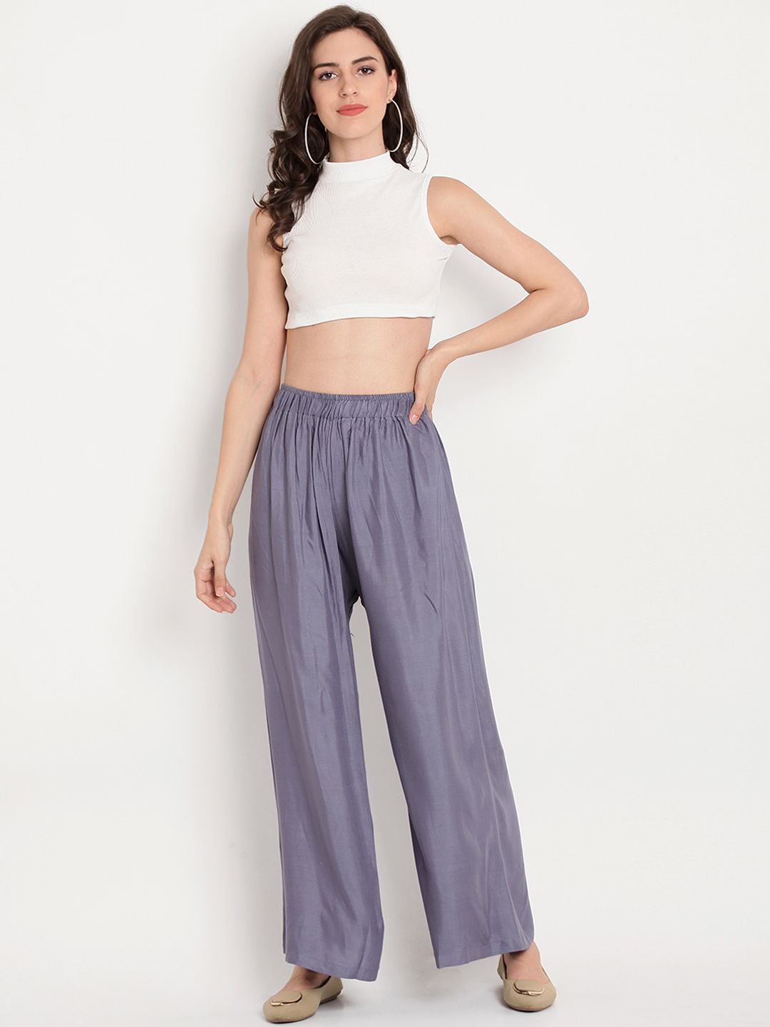 TAG 7 Women Grey Solid Flared Palazzos