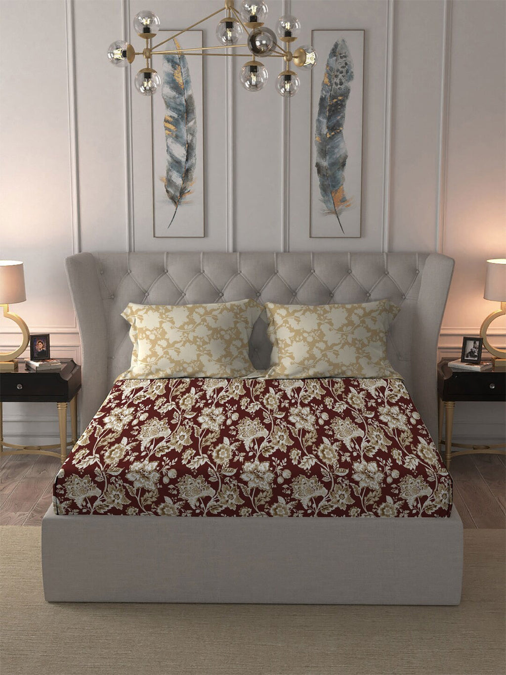 MYTRIDENT Red White Ethnic Motifs Cotton 120 TC Queen Bedsheet With 2 Pillow Covers