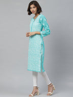 ADA Women Sea Green & White Floral Chikankari Embroidered Straight Sustainable Handloom Kurta