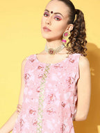 Ahalyaa Women Rose Colour Organza Digital Printed Kurta Pant Set - Distacart