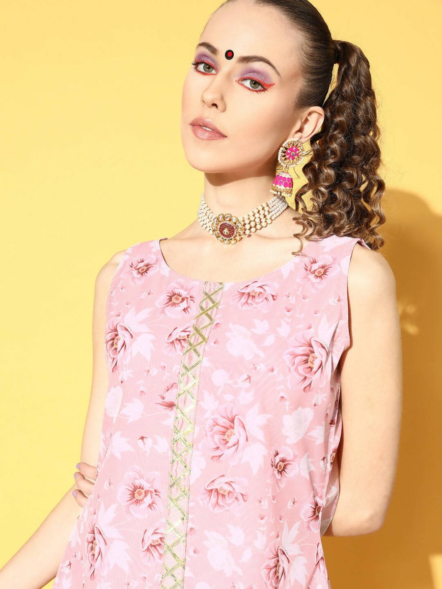 Ahalyaa Women Rose Colour Organza Digital Printed Kurta Pant Set - Distacart