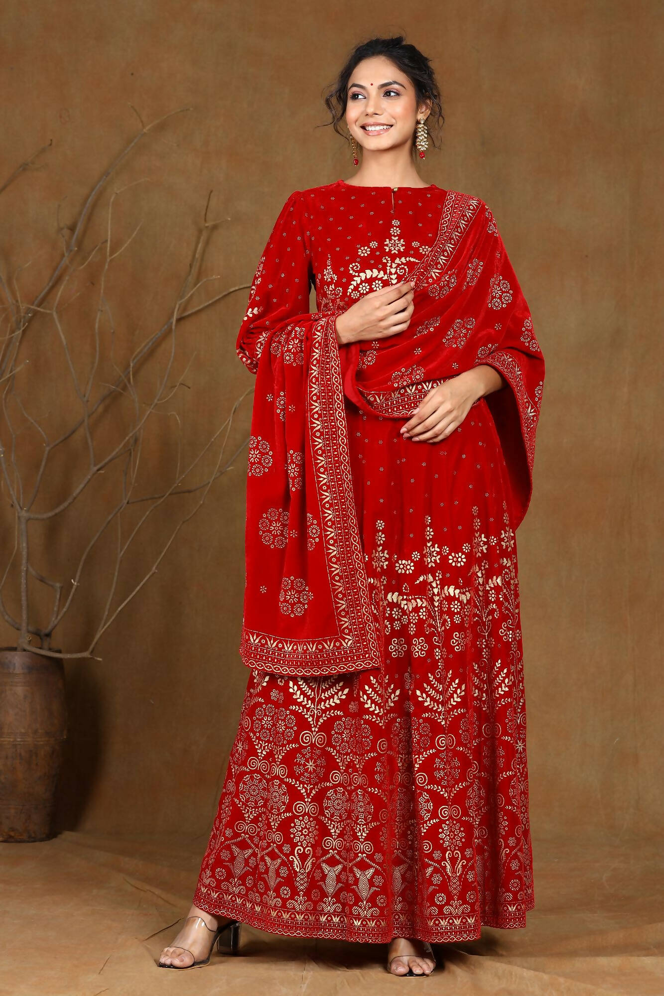 Juniper Women Maroon Velvet Printed Flared Lehenga Choli Sets - Distacart