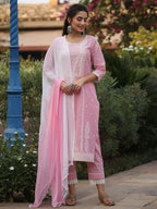 Juniper Women's Pink Cambric Floral Print Kurta Straight Pant And Duptta Sets - Distacart