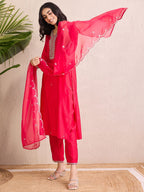 Indo Era Women Floral Yoke Design Regular Liva Kurta with Trousers & With Dupatta - Distacart