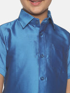 Sethukrishna Blue & White Solid Shirt and Veshti Set For Boys