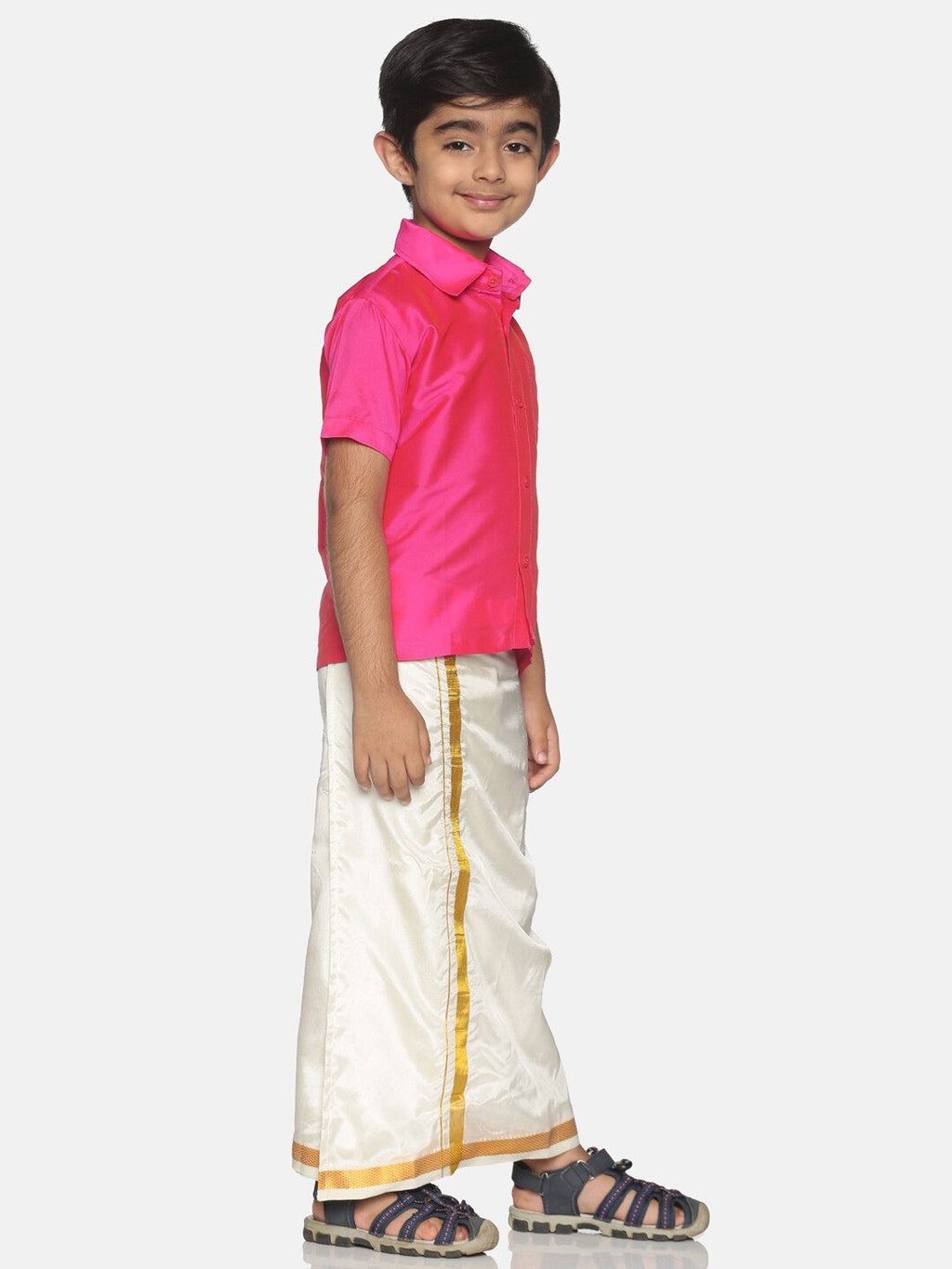 Sethukrishna Boys Pink & Cream-Coloured Solid Shirt and Veshti Set