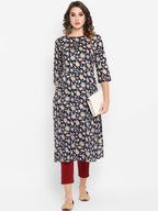 Janasya Navy Blue Ethnic Motifs Printed Regular Pure Cotton Kurta with Trousers - Distacart