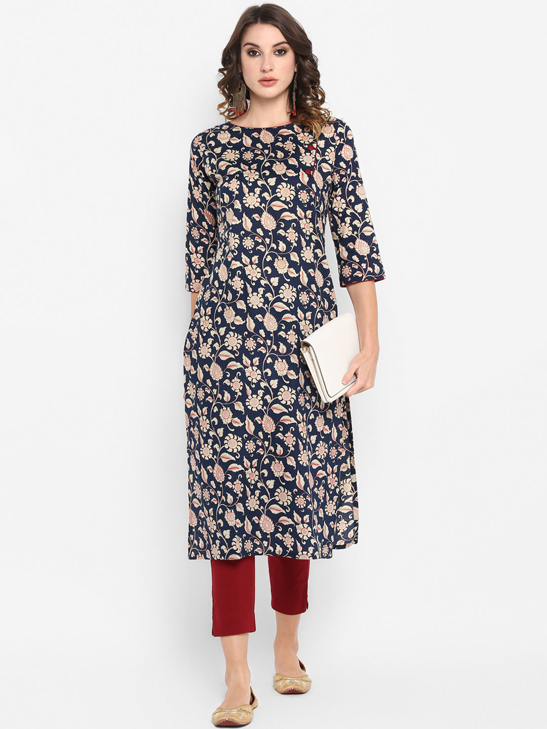 Janasya Navy Blue Ethnic Motifs Printed Regular Pure Cotton Kurta with Trousers - Distacart