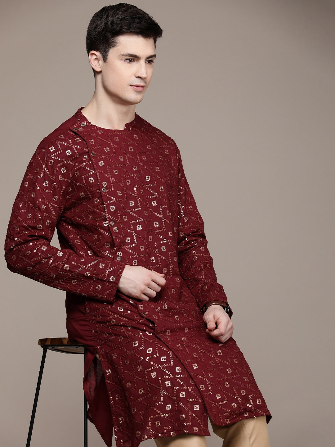 House of Pataudi Ethnic Motifs Embroidered Pure Cotton Sequinned Jashn Kurta