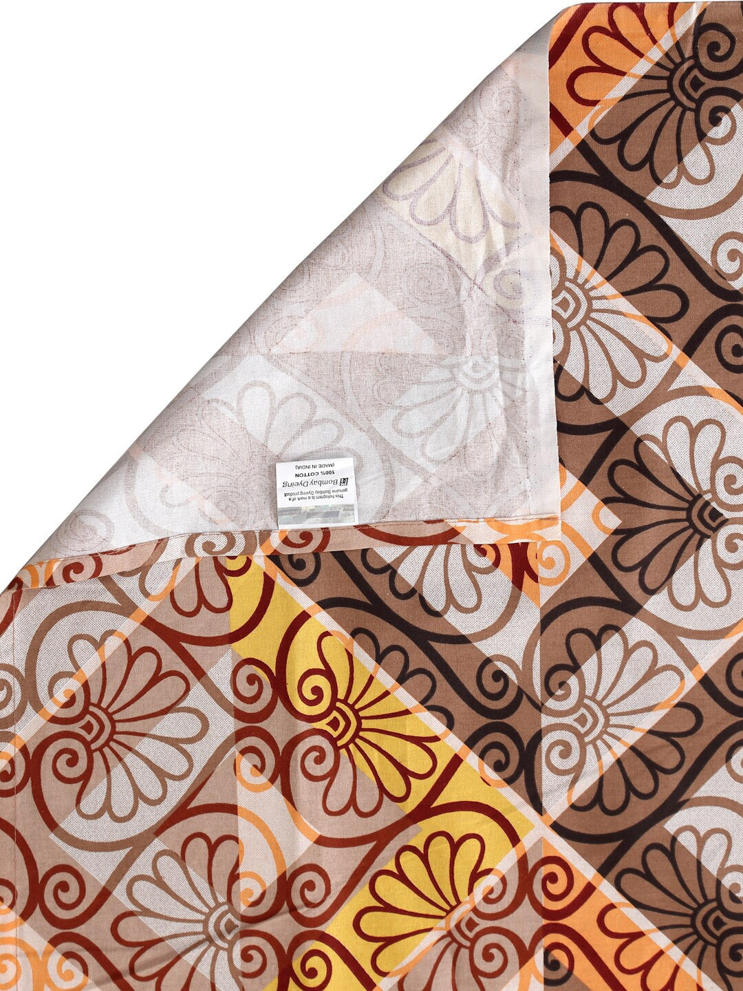 BOMBAY DYEING Epigram Brown & Yellow Ethnic Cotton 120 TC Queen Bedsheet & Pillow Covers