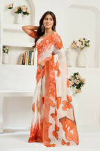 Vastranavya White Orange Digital Printed Linen Ready To Wear Designer Saree with Unstitched Blouse - Distacart