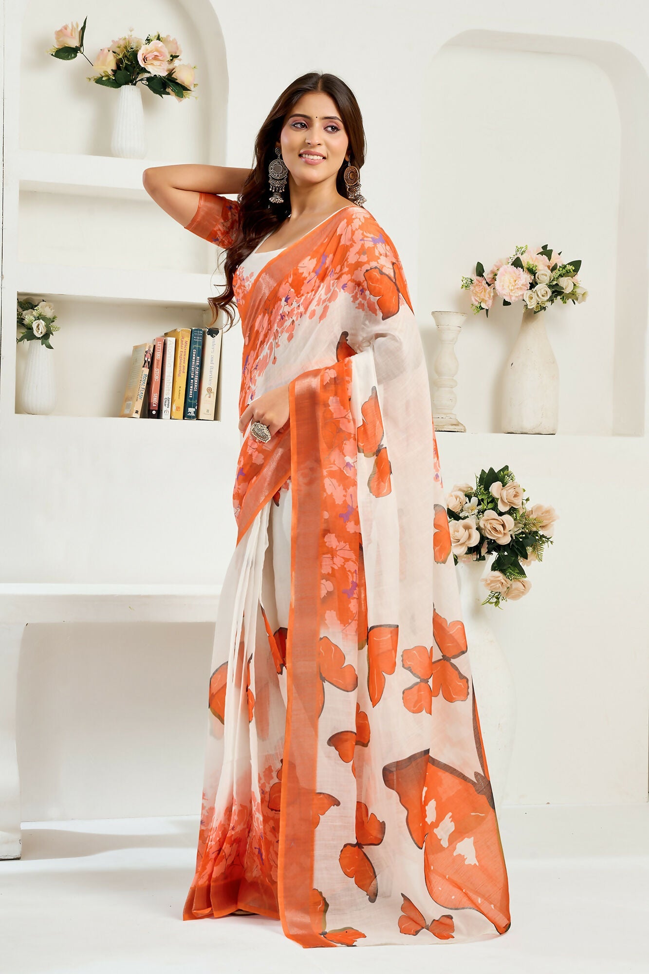 Vastranavya White Orange Digital Printed Linen Ready To Wear Designer Saree with Unstitched Blouse - Distacart