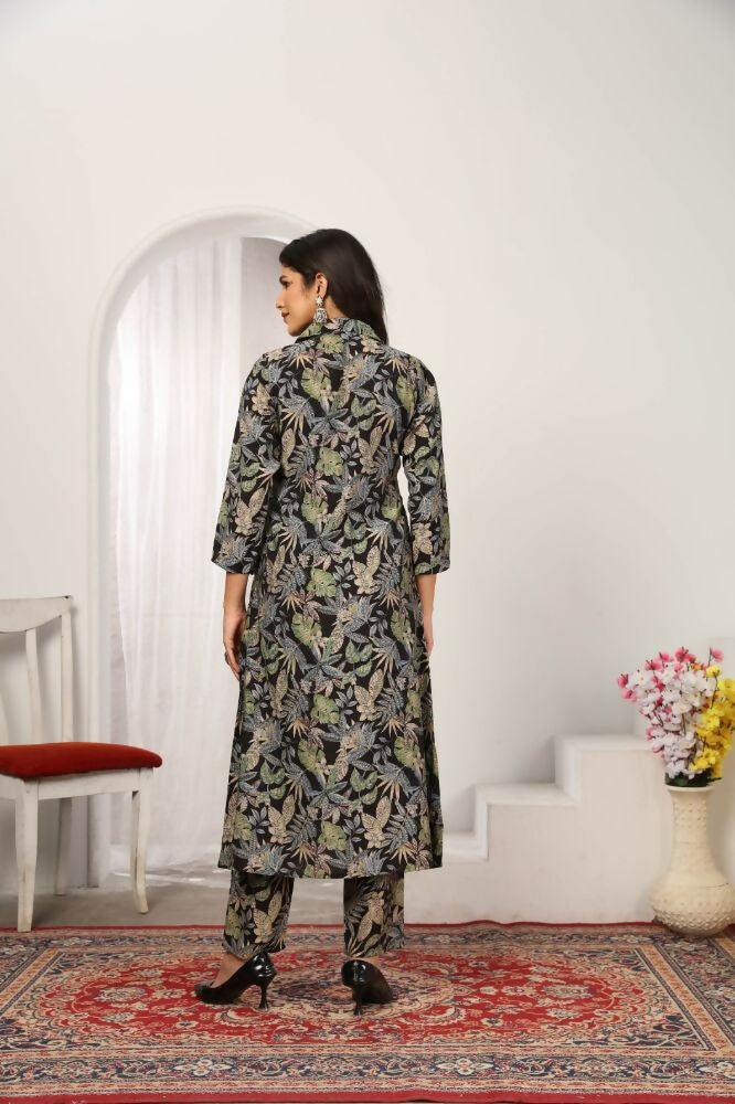 Jyoti Fashion Women's Black Chanderi Silk Floral Print with Side Pocket Kurtis & Sets
