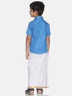 Sethukrishna Blue & White Solid Shirt with Veshti Set For Boys