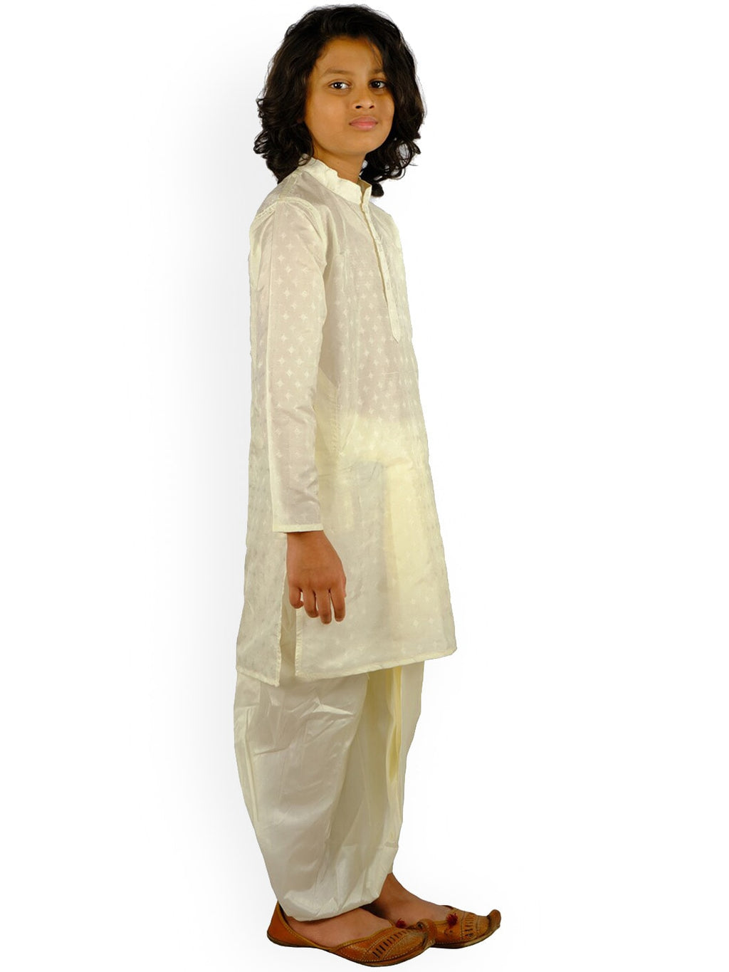 Sethukrishna Boys Cream-Coloured Embroidered Angrakha Kurta with Salwar & With Dupatta