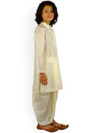 Sethukrishna Boys Cream-Coloured Embroidered Angrakha Kurta with Salwar & With Dupatta