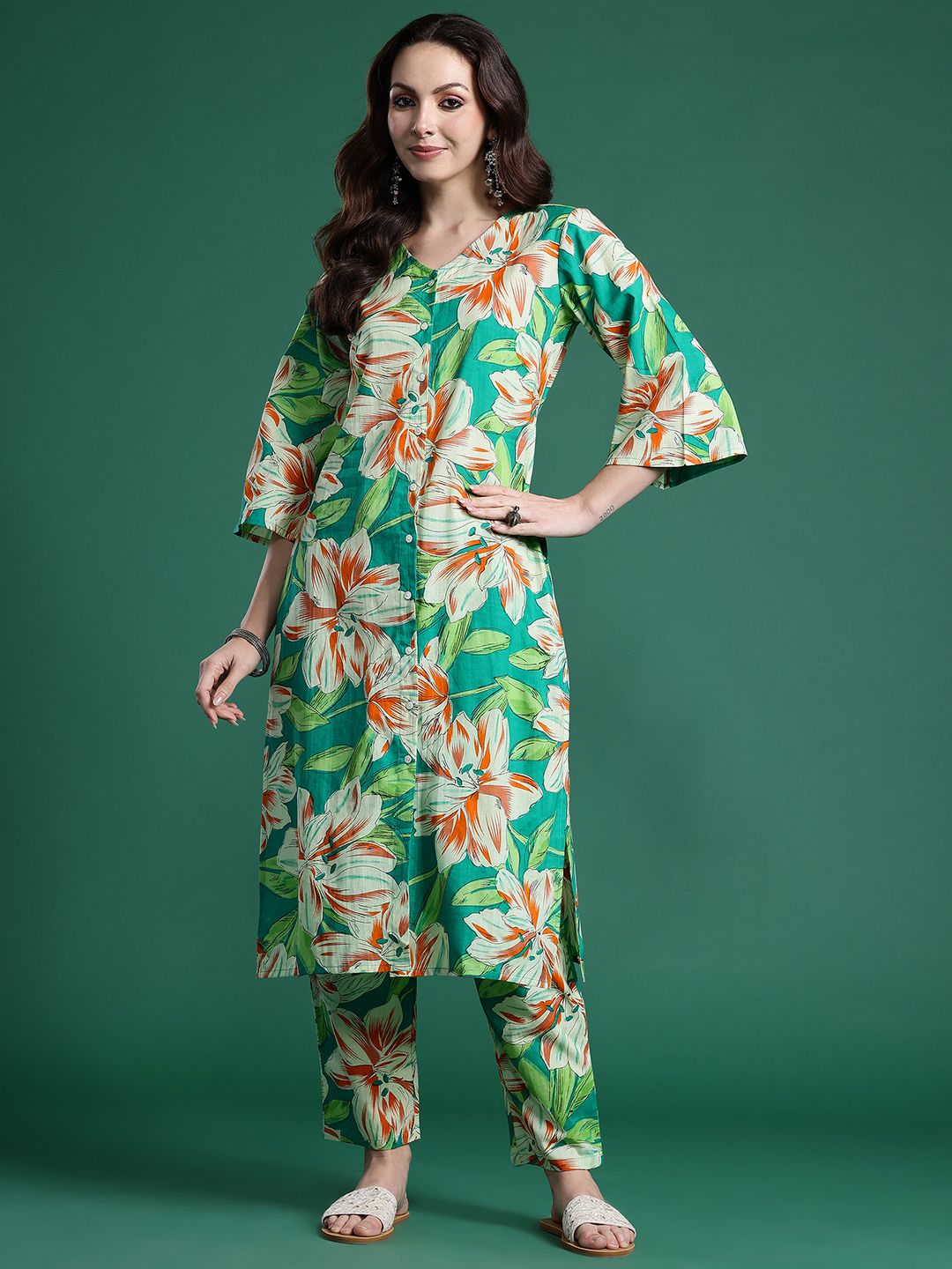 Indo Era Women Floral Printed Regular Pure Cotton Kurta with Trousers - Distacart