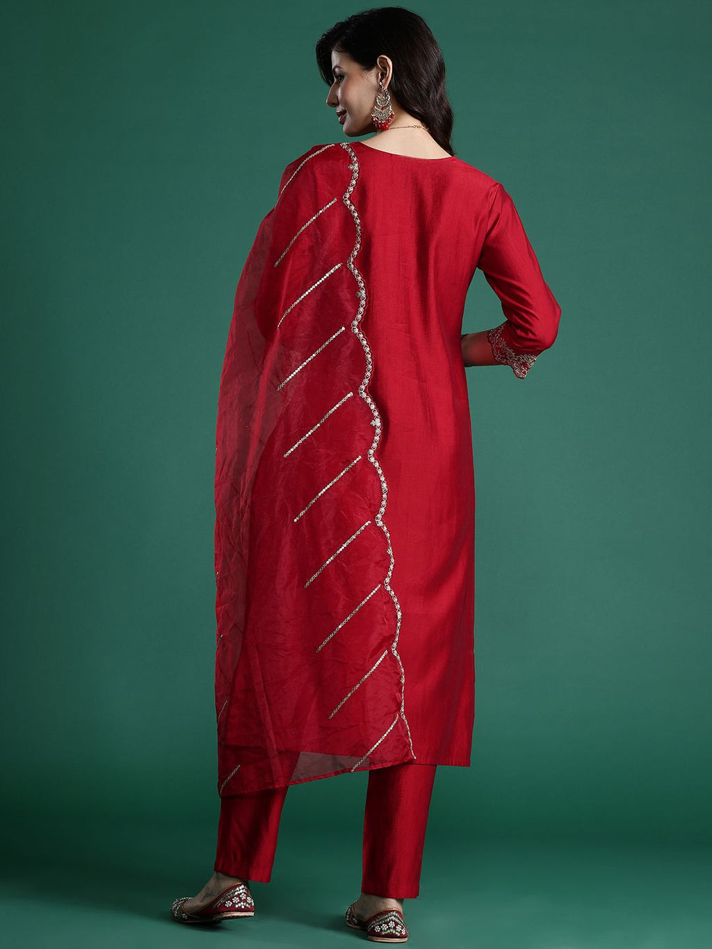 Indo Era Ethnic Motifs Embroidered Sequinned Liva Kurta With Trousers & Dupatta - Distacart