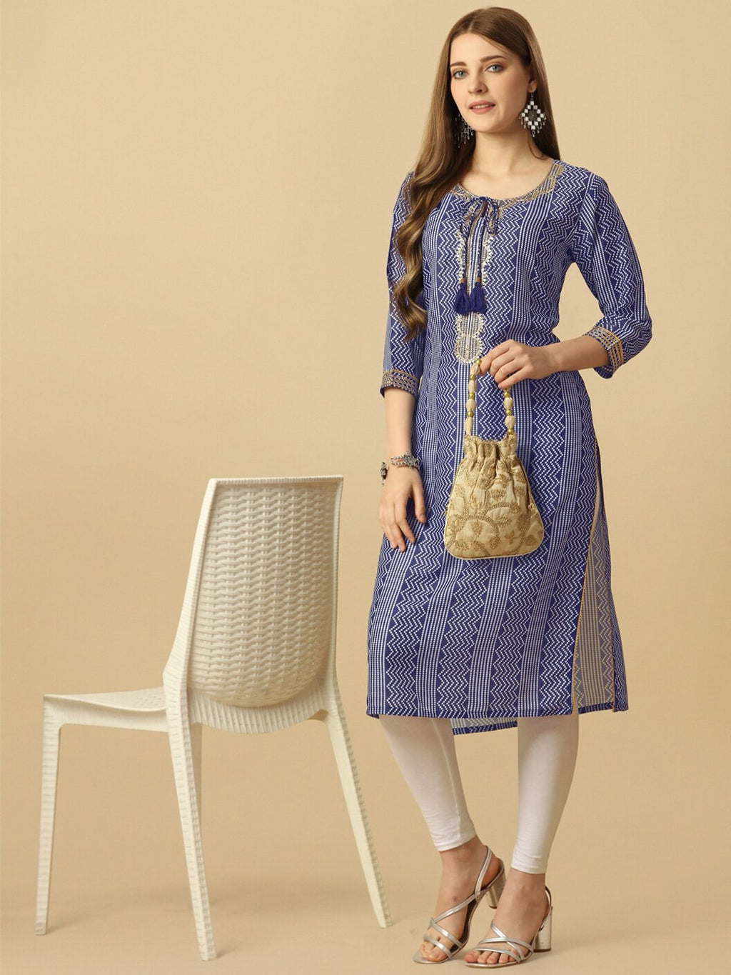 HERE&NOW Blue & White Tie-Up Neck Bandhani Printed Sequined Straight Kurta
