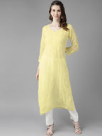 ADA Women Yellow Ethnic Motifs Embroidered Chikankari Georgette Handloom Kurta