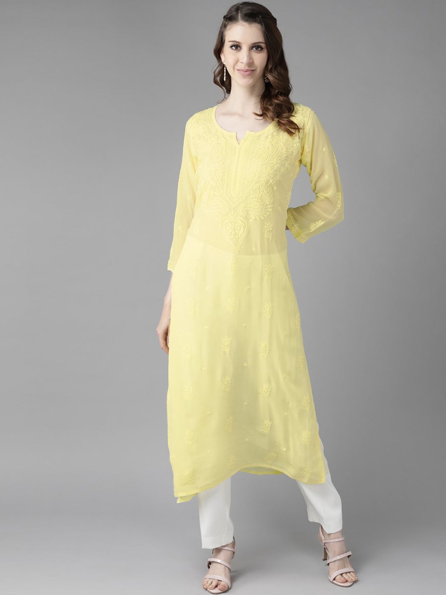 ADA Women Yellow Ethnic Motifs Embroidered Chikankari Georgette Handloom Kurta