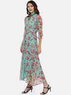 Souchii Women Turquoise Blue & Pink Floral Print Ethnic Maxi Dress - Distacart