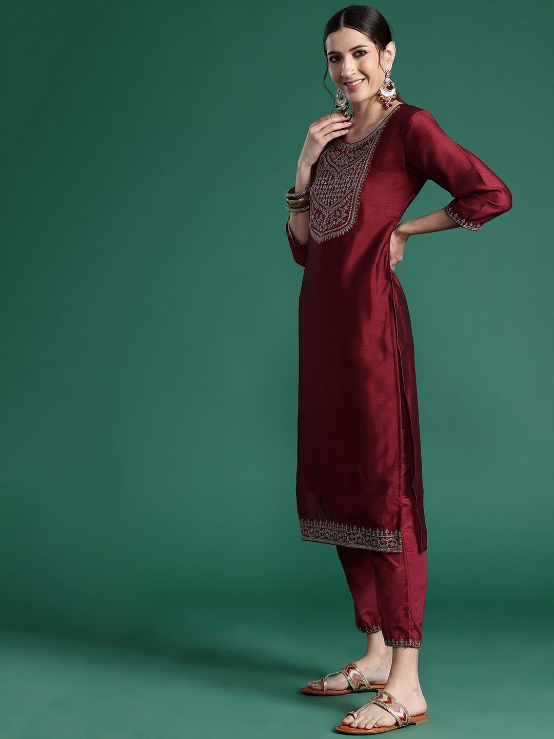 Indo Era Ethnic Motifs Yoke Design Sequinned Kurta with Trousers & Dupatta - Distacart