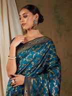 Sangria Blue Floral Woven Design Zari Kanjeevaram Saree - Distacart
