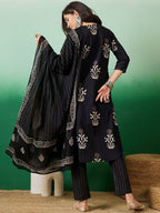 Sangria Notch Neck Printed Pure Cotton Kurta With Trousers & Dupatta - Distacart
