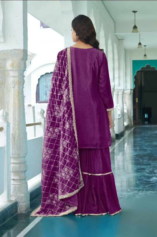 Teeya Creation Wine Colour Chinnon Silk Heavy Embroidery Work Fully Stitched Salwar Suit - Distacart