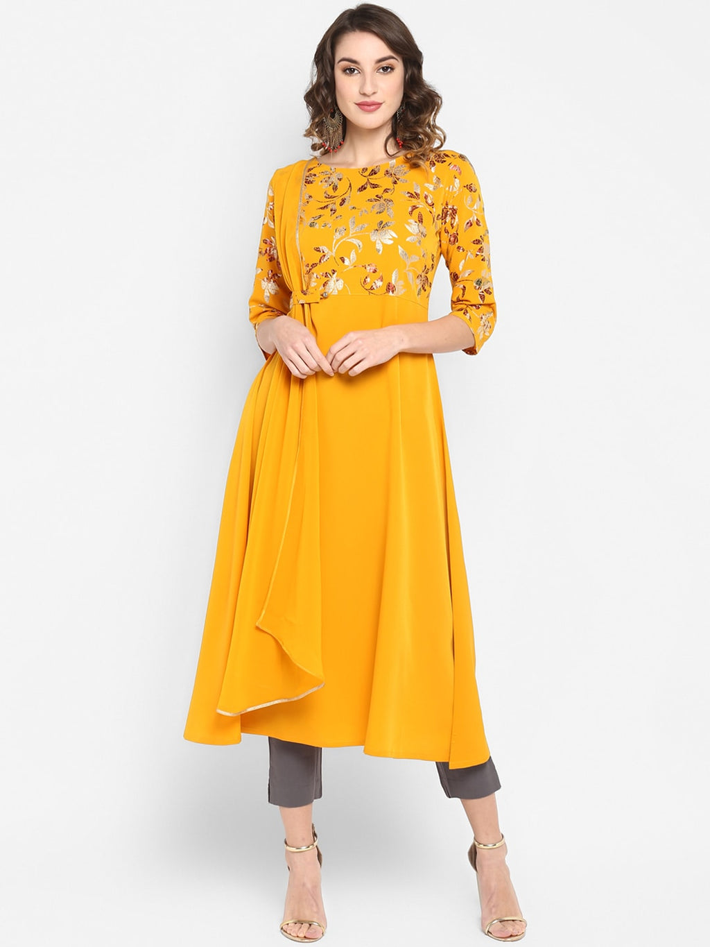 Janasya Mustard Yellow Printed A-Line Kurta - Distacart
