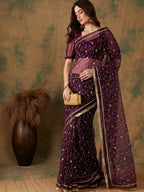 Sangria Floral Zari Jaal Embroidered Sarees - Distacart