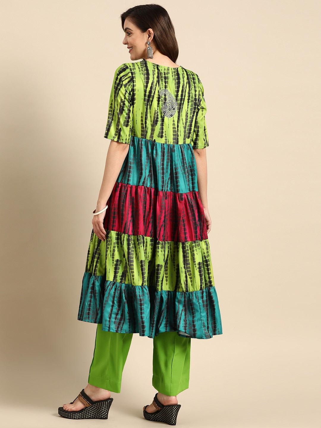 Sangria Women Green Dyed Tiered Kurta with Palazzos