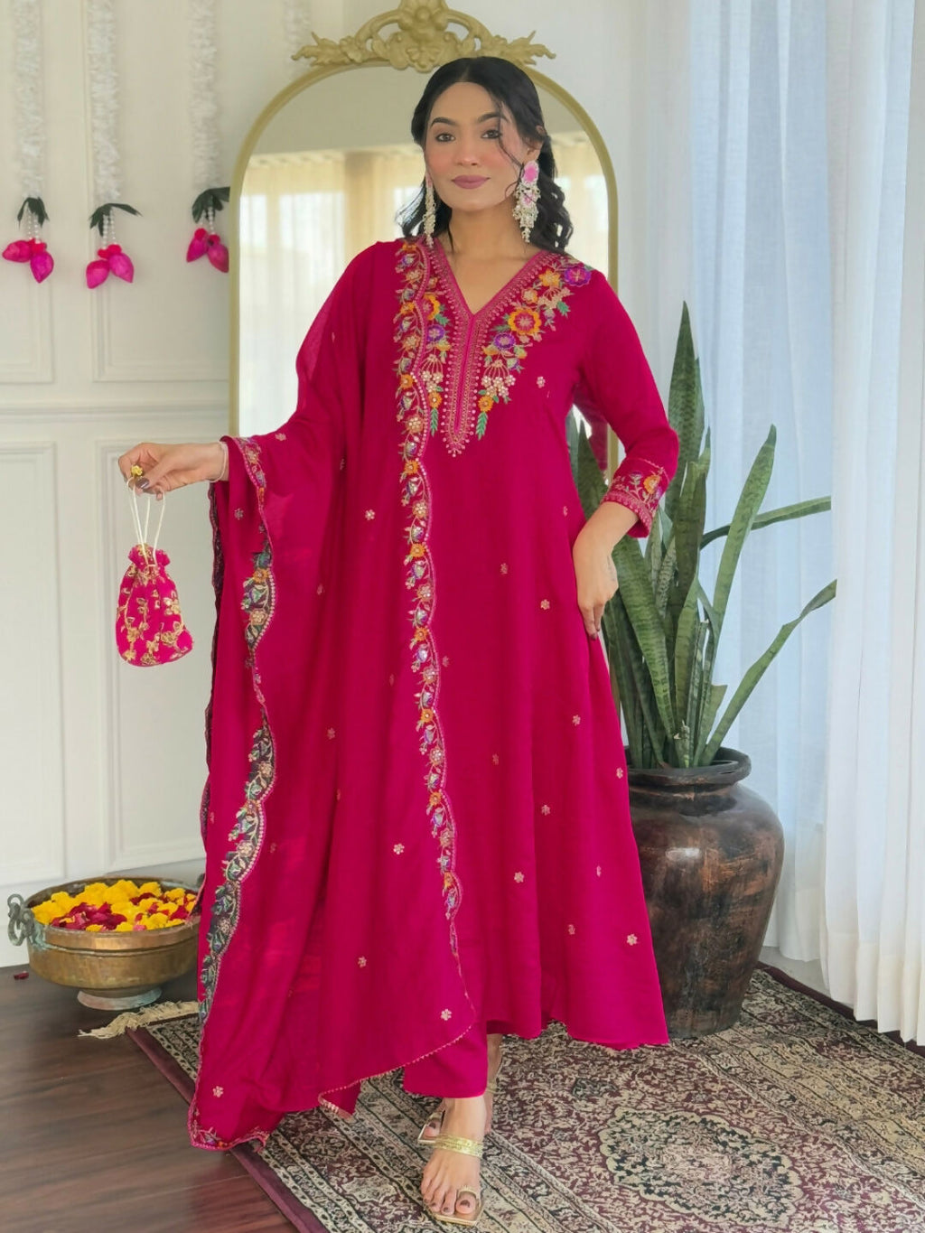 The52 Rani Women's Beautiful Embroidered Work Vichitra Silk Fabric Straight Kurta Pant and Dupatta Set - Distacart