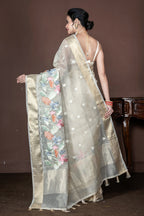 Morchari Beige Banarasi Tissue Computer Embroidery Saree Unstitched Blouse - Distacart