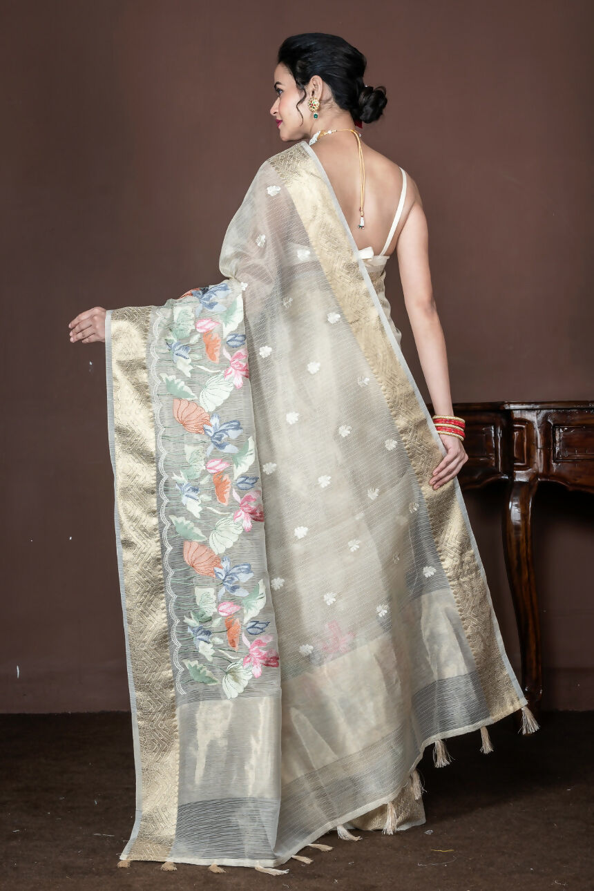 Morchari Beige Banarasi Tissue Computer Embroidery Saree Unstitched Blouse - Distacart