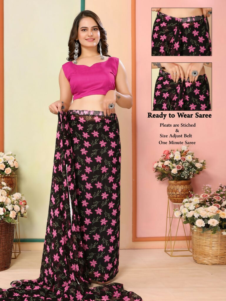 Black Georgette Designer Printed Ready To Wear Saree - Elite