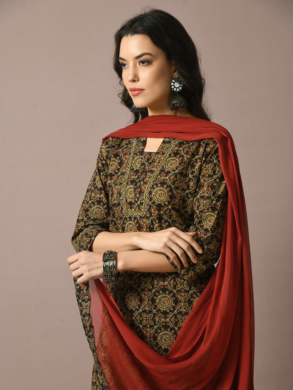 Myshka Women's Multi Printed Cotton Straight Party Kurta Set With Dupatta